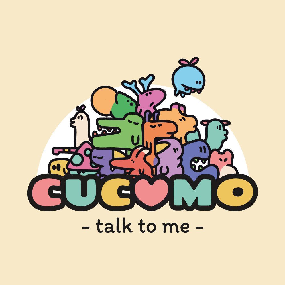 The "Cucomo" main image. Showing the logo and 15 cute monsters on top of it in a pulk.